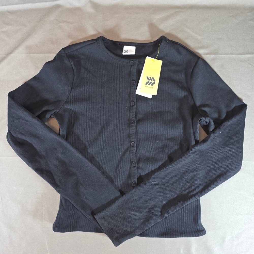 All in Motion Womens Ribbed Crop Cardigan Black Slim Fit Long Sleeve Small NWT
